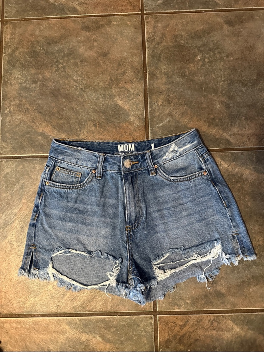 High-Rise Distressed Mom Jean Shorts - Blue